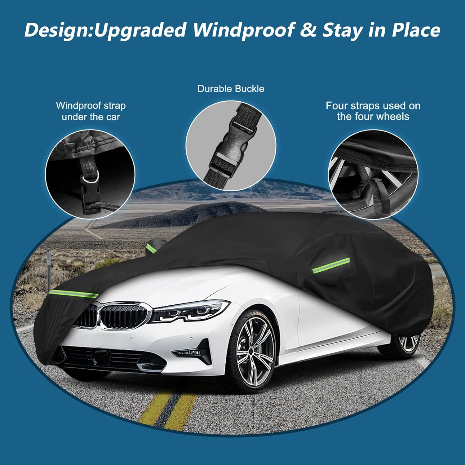 Infographic of a black car cover illustrating its upgraded windproof design, featuring durable buckles, a central under-car strap, and four wheel-attachment straps for a secure fit.