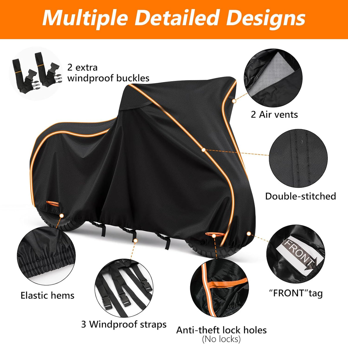 Infographic of a heavy-duty motorcycle cover highlighting key features: windproof straps and buckles, air vents, double-stitched seams, elastic hems, and anti-theft lock holes.