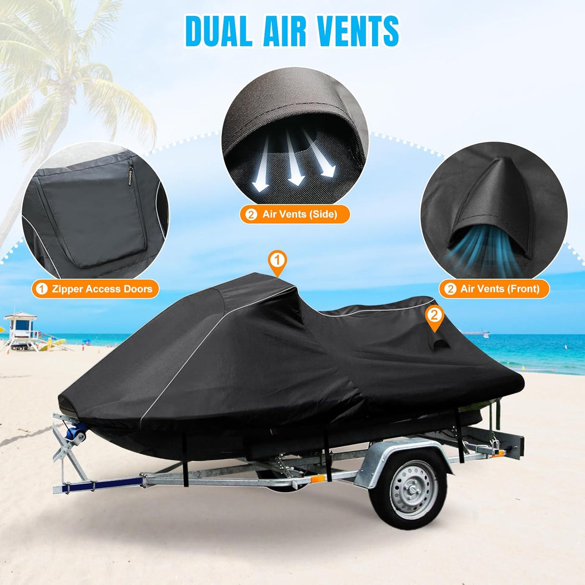 Infographic of a jet ski cover highlighting dual air vents (front and side) for breathability and zipper access doors for easy entry without removing the cover.
