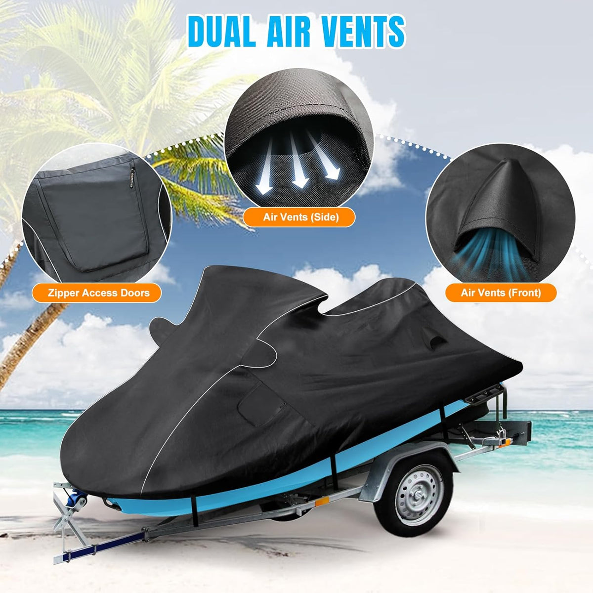 Jet ski cover with dual air vents on a beach background