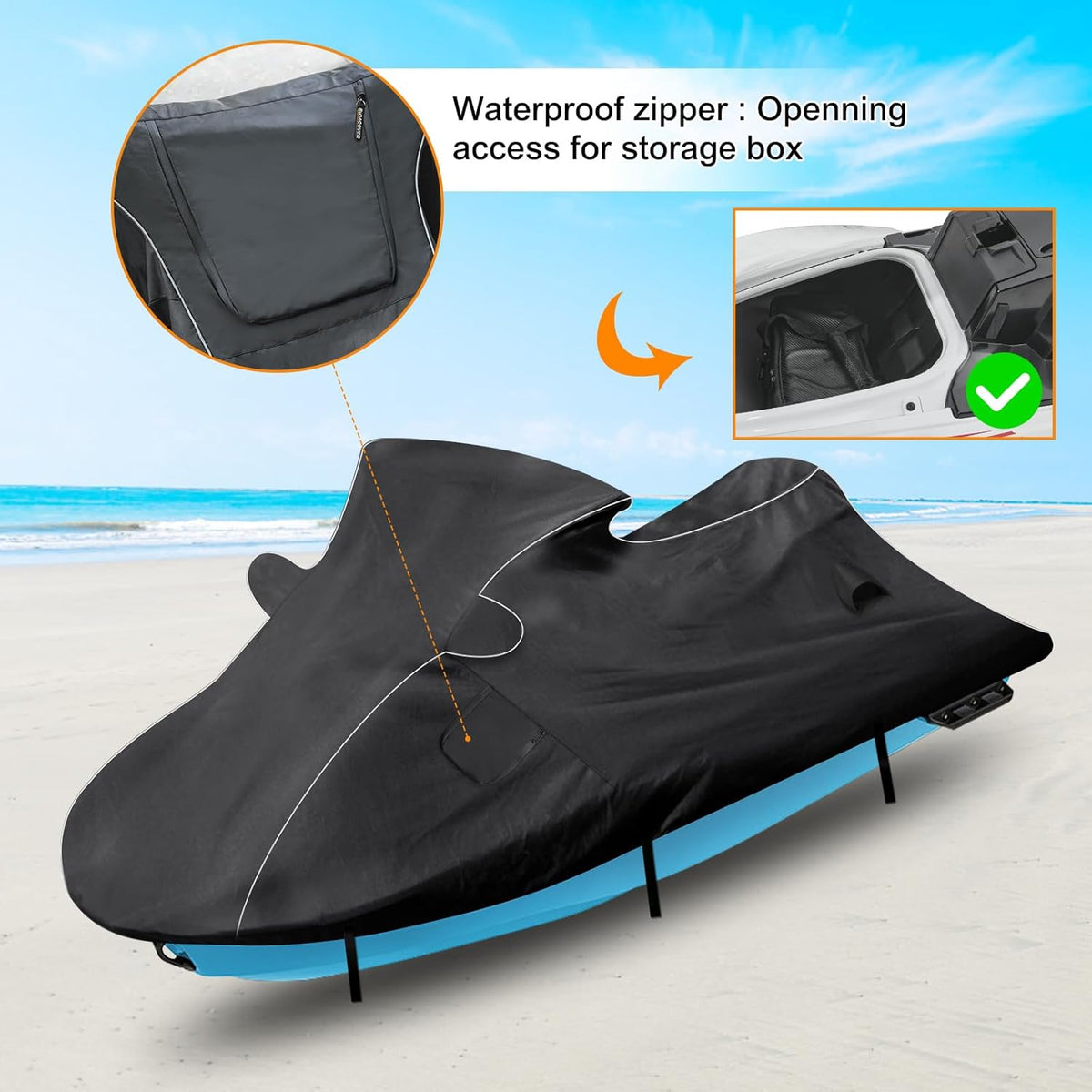Jet ski covered with a black waterproof cover on a beach background

