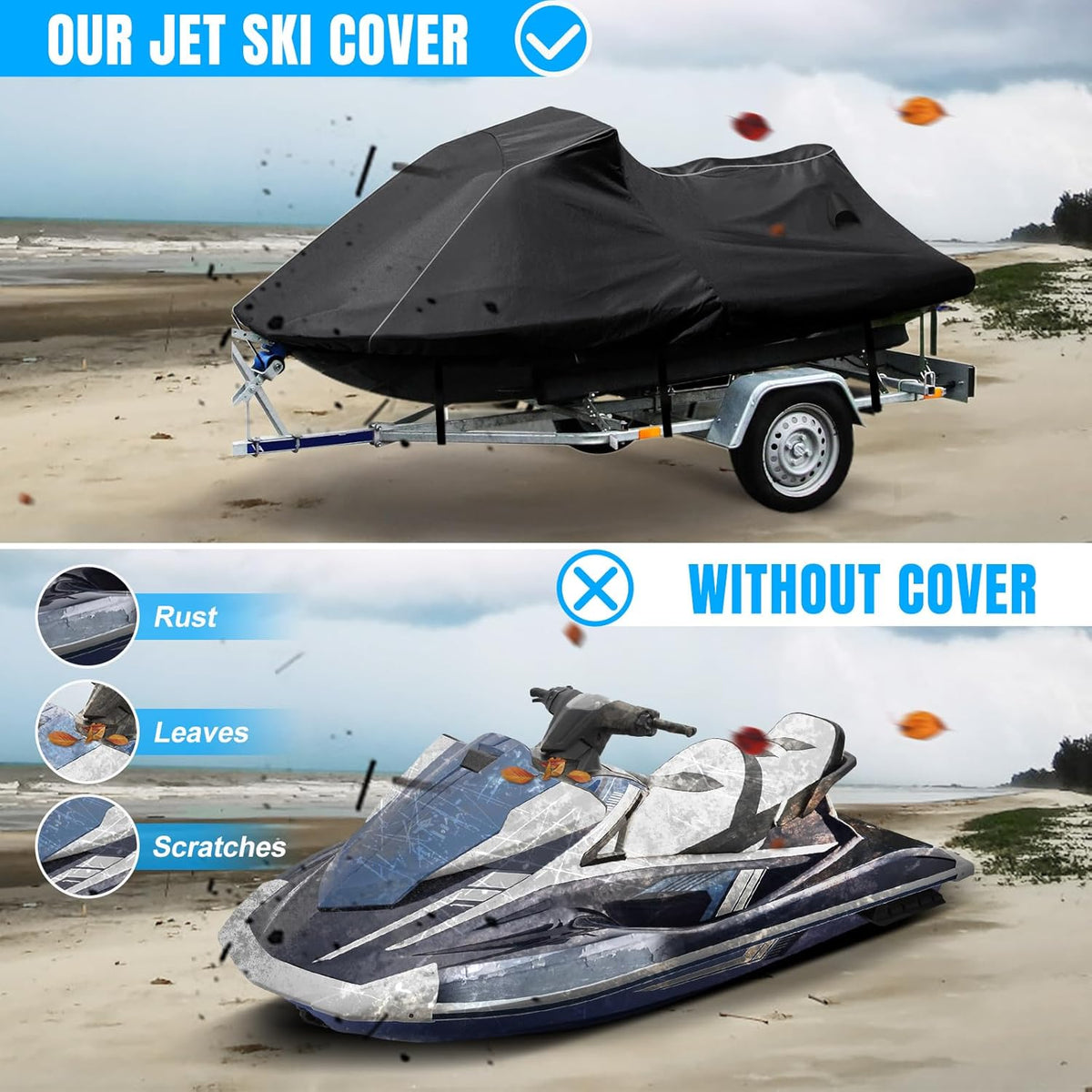 Jet ski with and without cover on a beach, showing the difference in rust, leaves, and scratches.