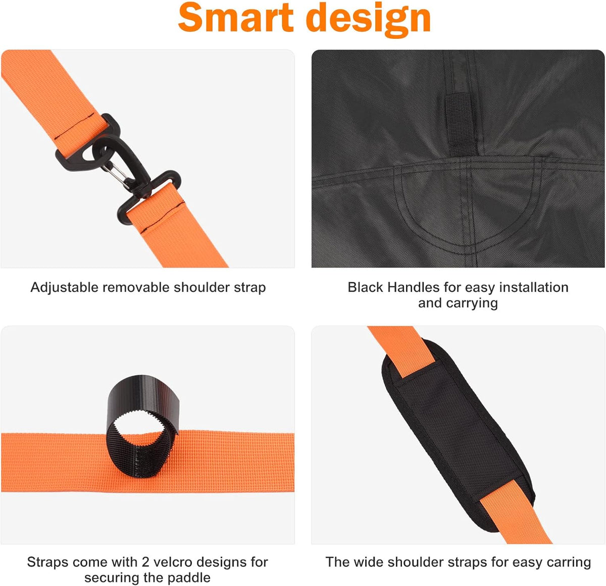 Kayak cover features including adjustable shoulder strap, carrying handles, and paddle-securing velcro straps.