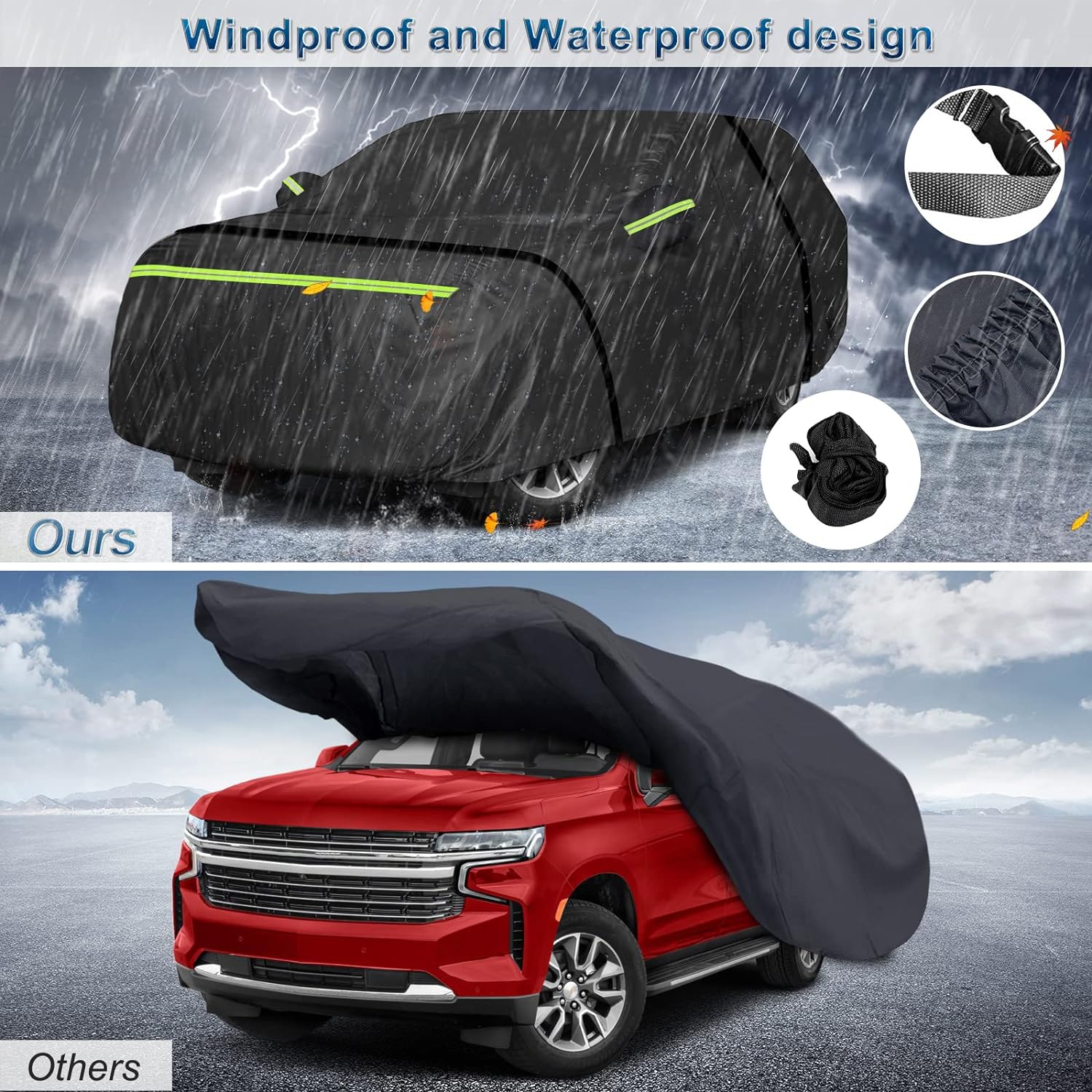 Kayak cover product specifications and dimensions for various sizes (8.5ft to 18ft).
