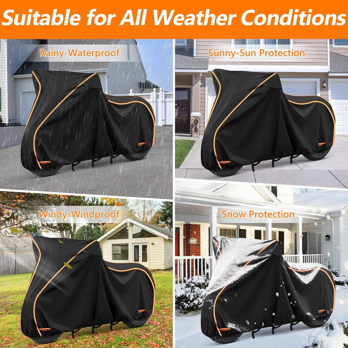 Motorcycle cover demonstrating suitability for various weather conditions with text labels.