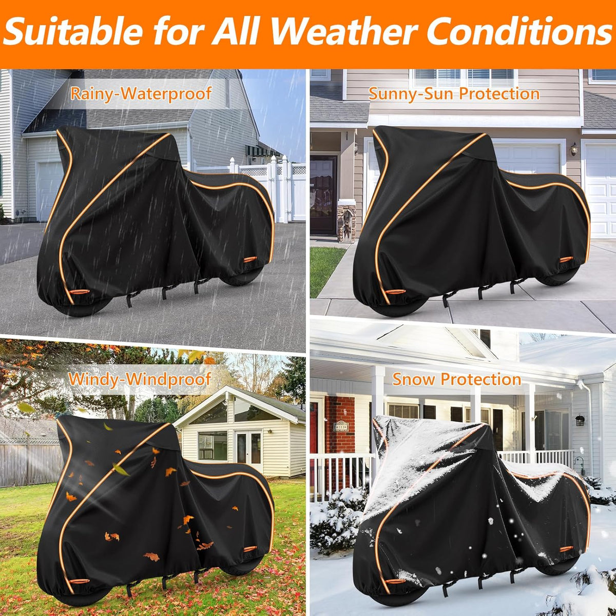 Motorcycle cover tested under various weather conditions with text indicating suitability.