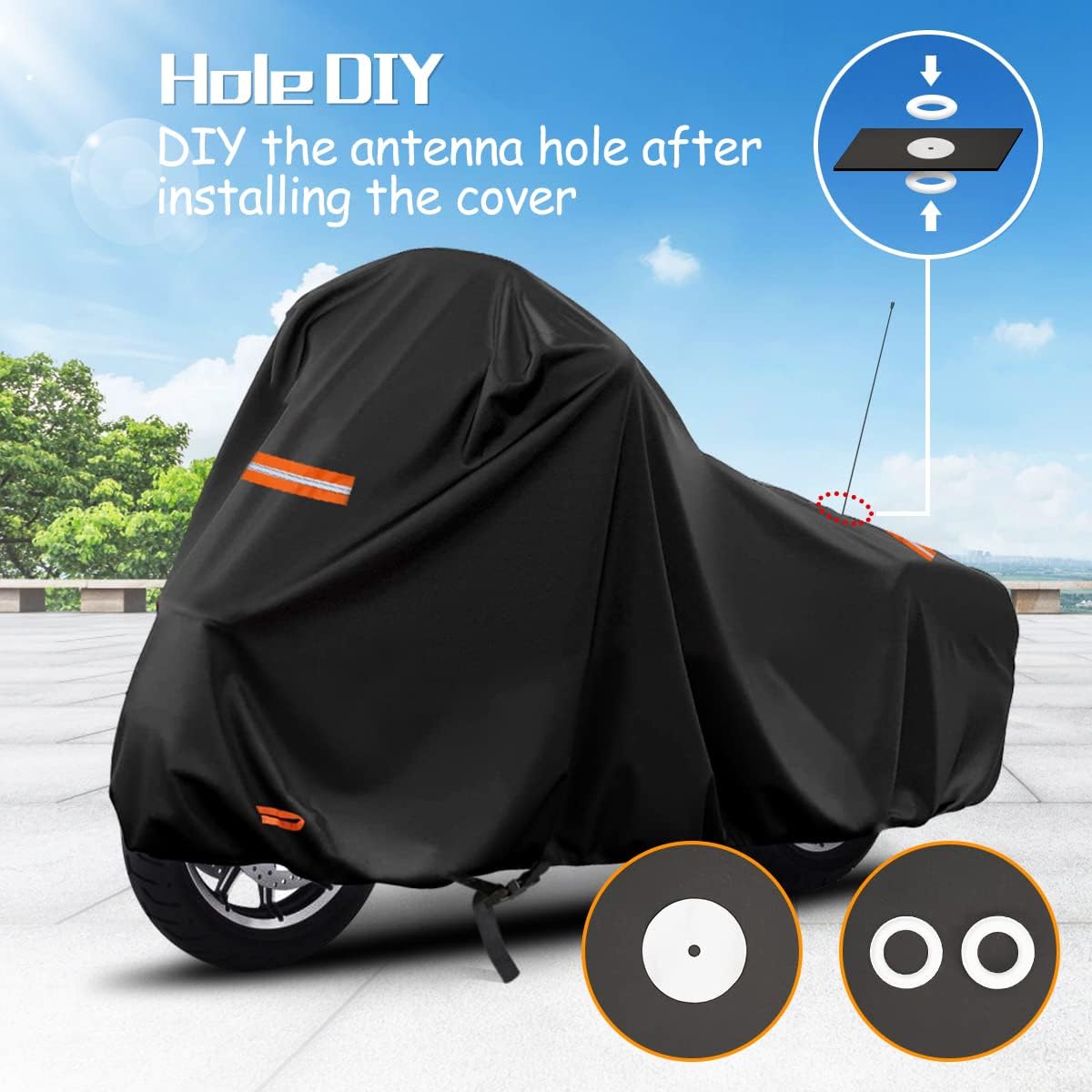 Motorcycle cover with DIY antenna hole kit and reflective stripes.