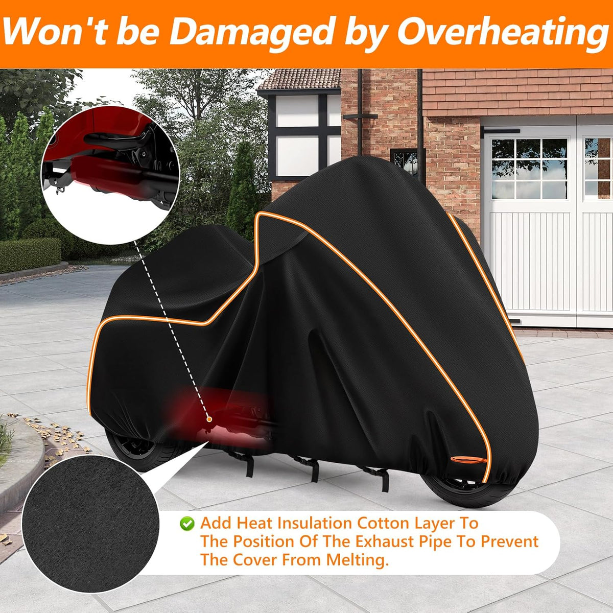 Motorcycle cover with heat insulation feature on a driveway.