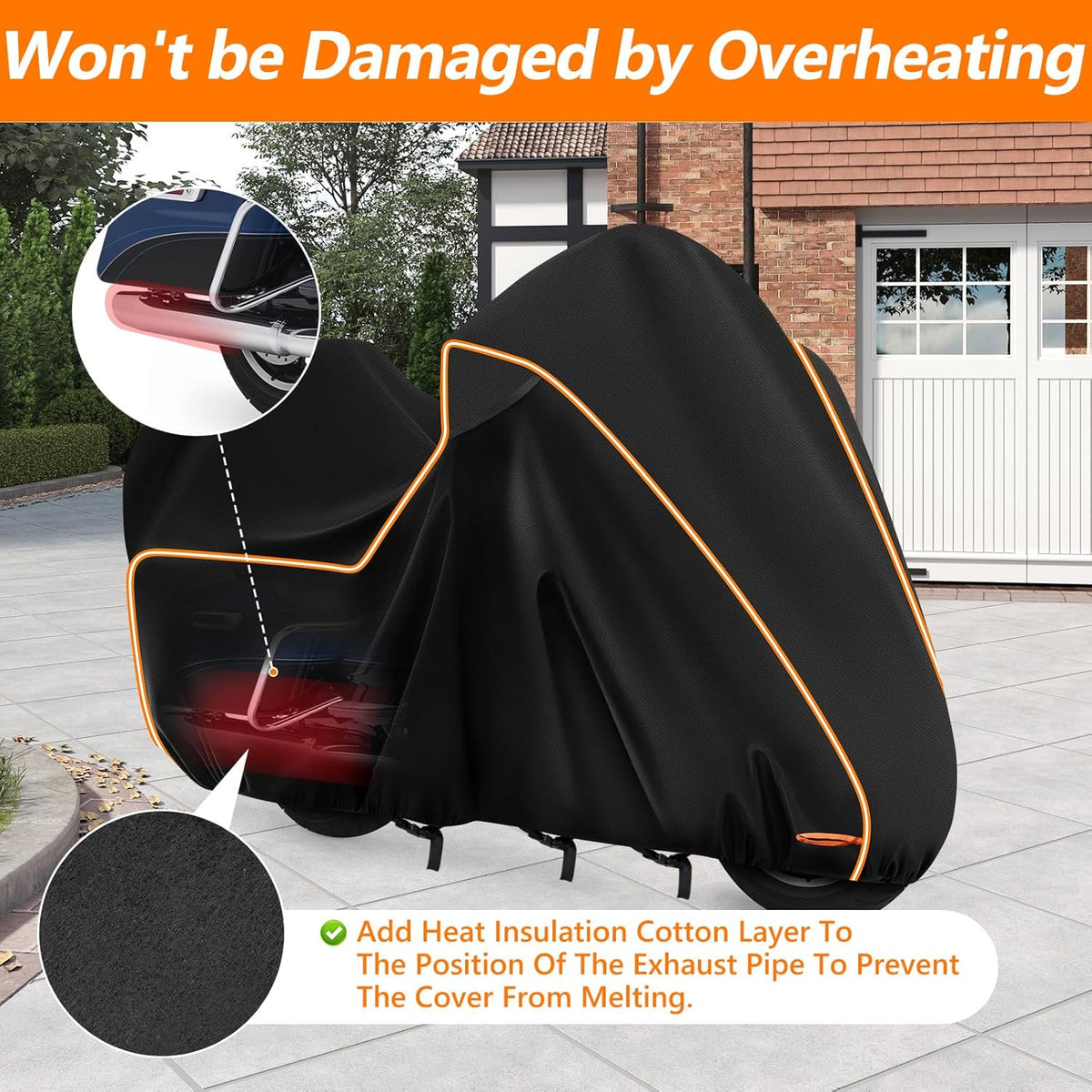 Motorcycle cover with heat insulation feature on a pavement background