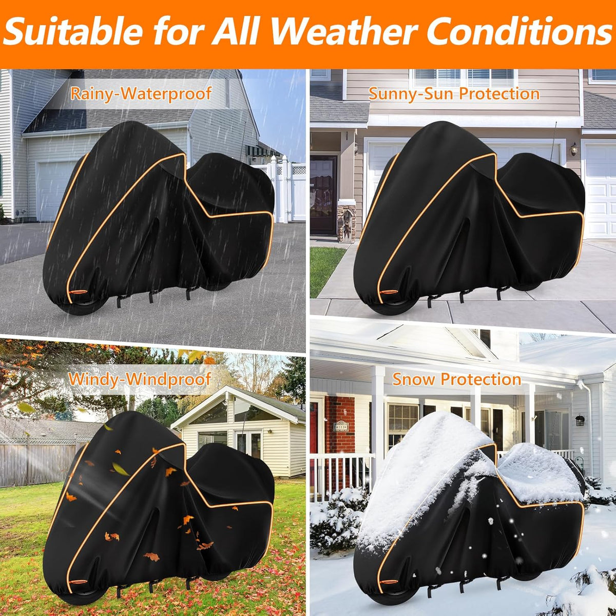 Motorcycle cover with text indicating suitability for various weather conditions on a collage of images.