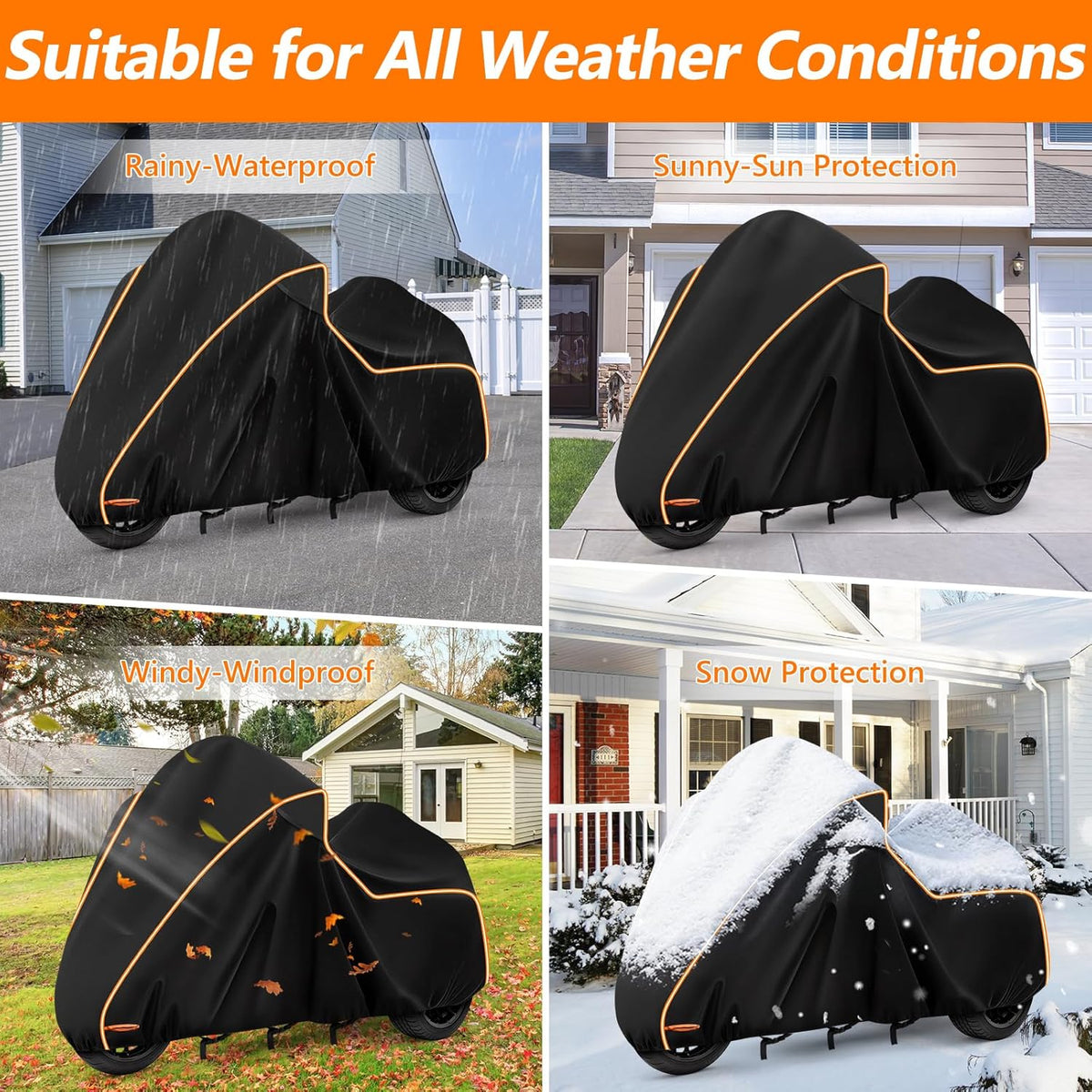 Motorcycle cover with various protective features in different weather conditions.