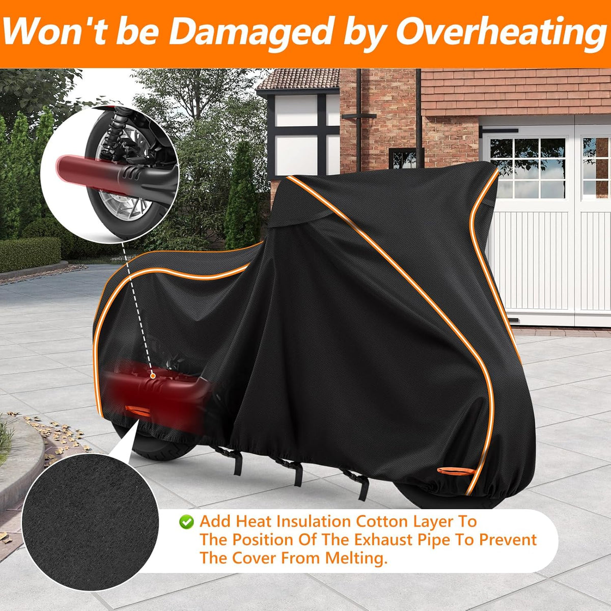 Motorcycle covered with a black cover on a driveway, with text about heat insulation.