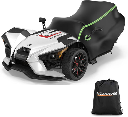 Motorcycle with a black cover and Bigacover bag on a white background