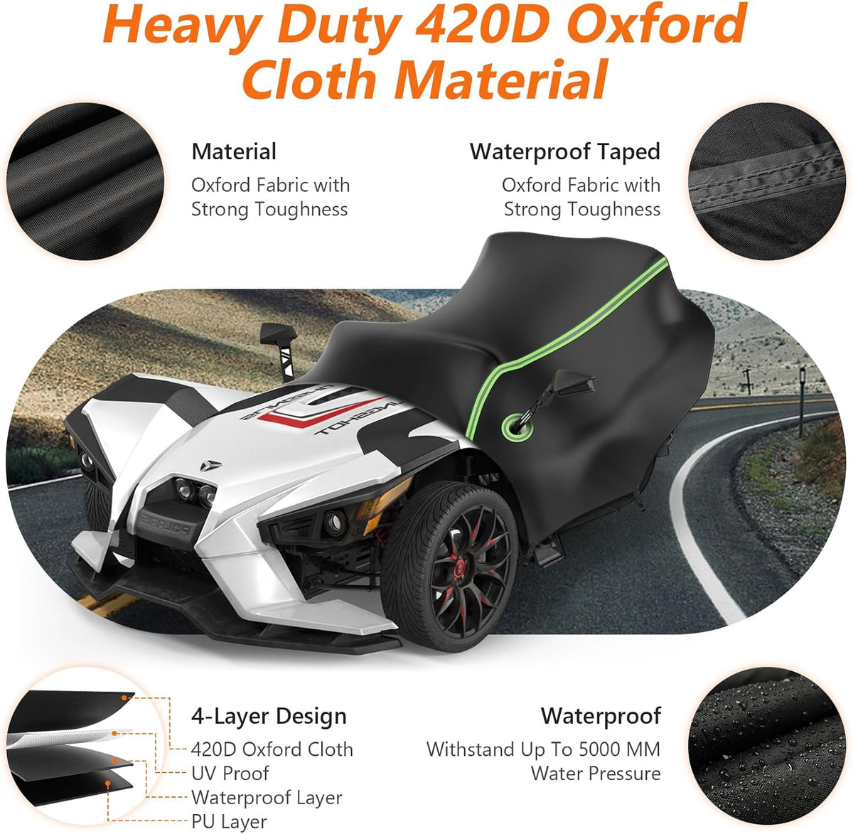 Motorcycle with a black cover on a road, highlighting Oxford cloth material and waterproof features.