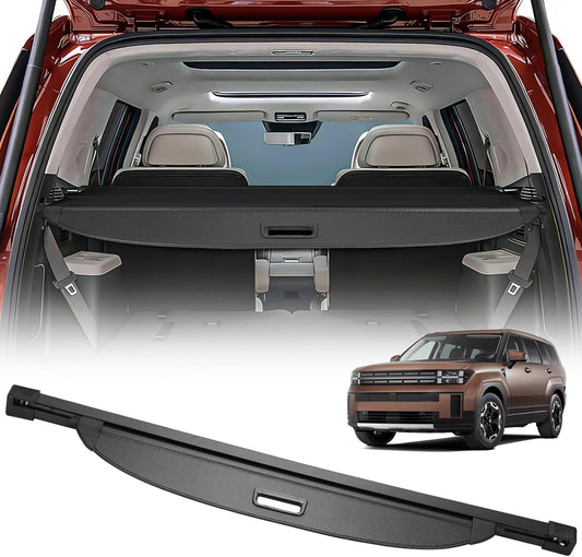 Open car trunk with a car roof rack and a car in the background