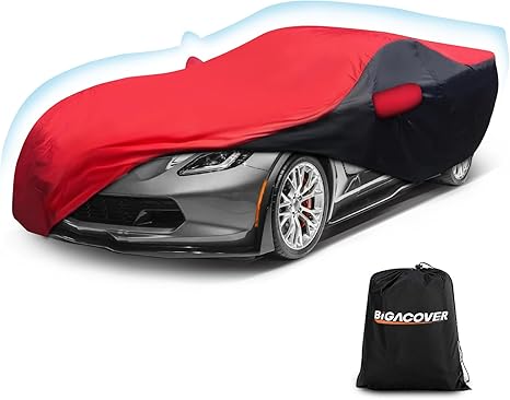 Red and black car cover on a gray sports car with Bigacover logo.