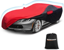 Load image into Gallery viewer, Red and black car cover on a gray sports car with Bigacover logo.
