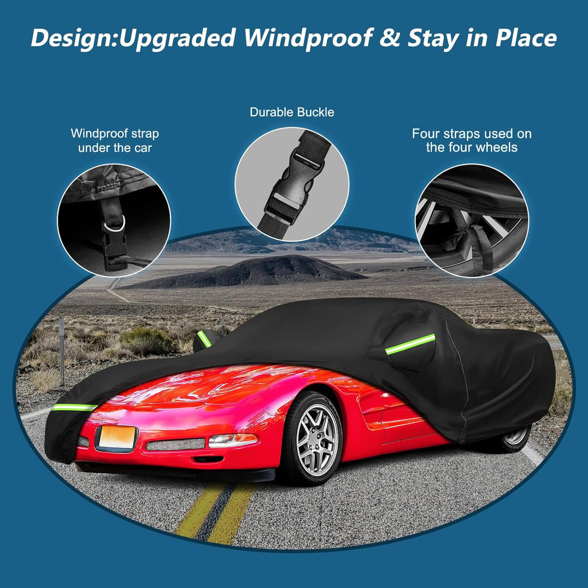 Red car covered with a black car cover on a desert road, with text and icons explaining design features.