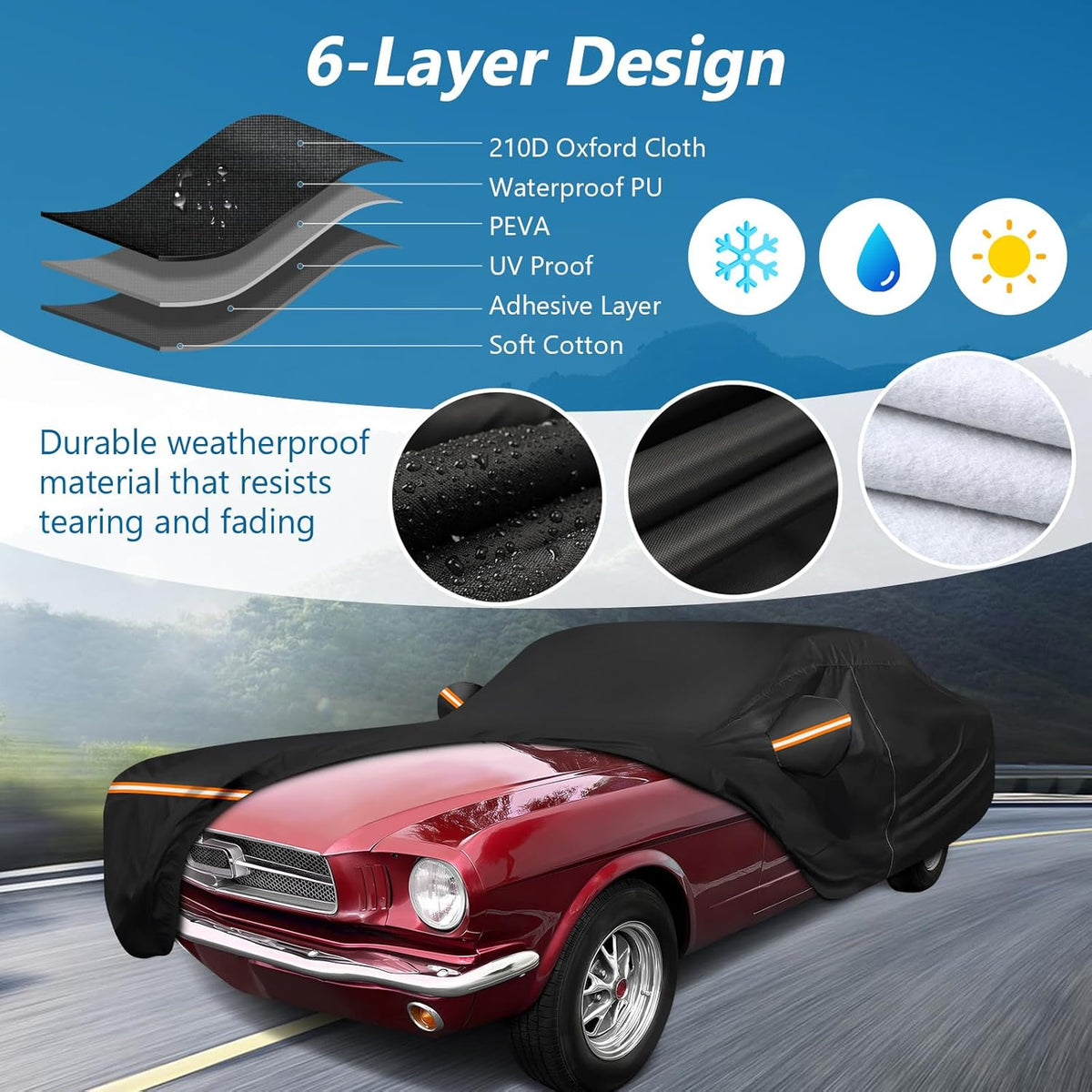 Red car covered with a black car cover on a road with text highlighting features.