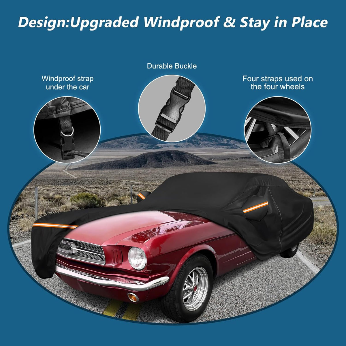 Red car covered with a black car cover on a road with text highlighting features.