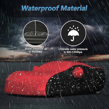 Red car covered with a black waterproof car cover, raindrops on surface, and text about waterproof material.