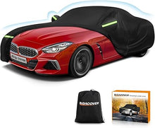 Load image into Gallery viewer, Red car with a black car cover, Big Cover packaging, and carrying bag on a white background
