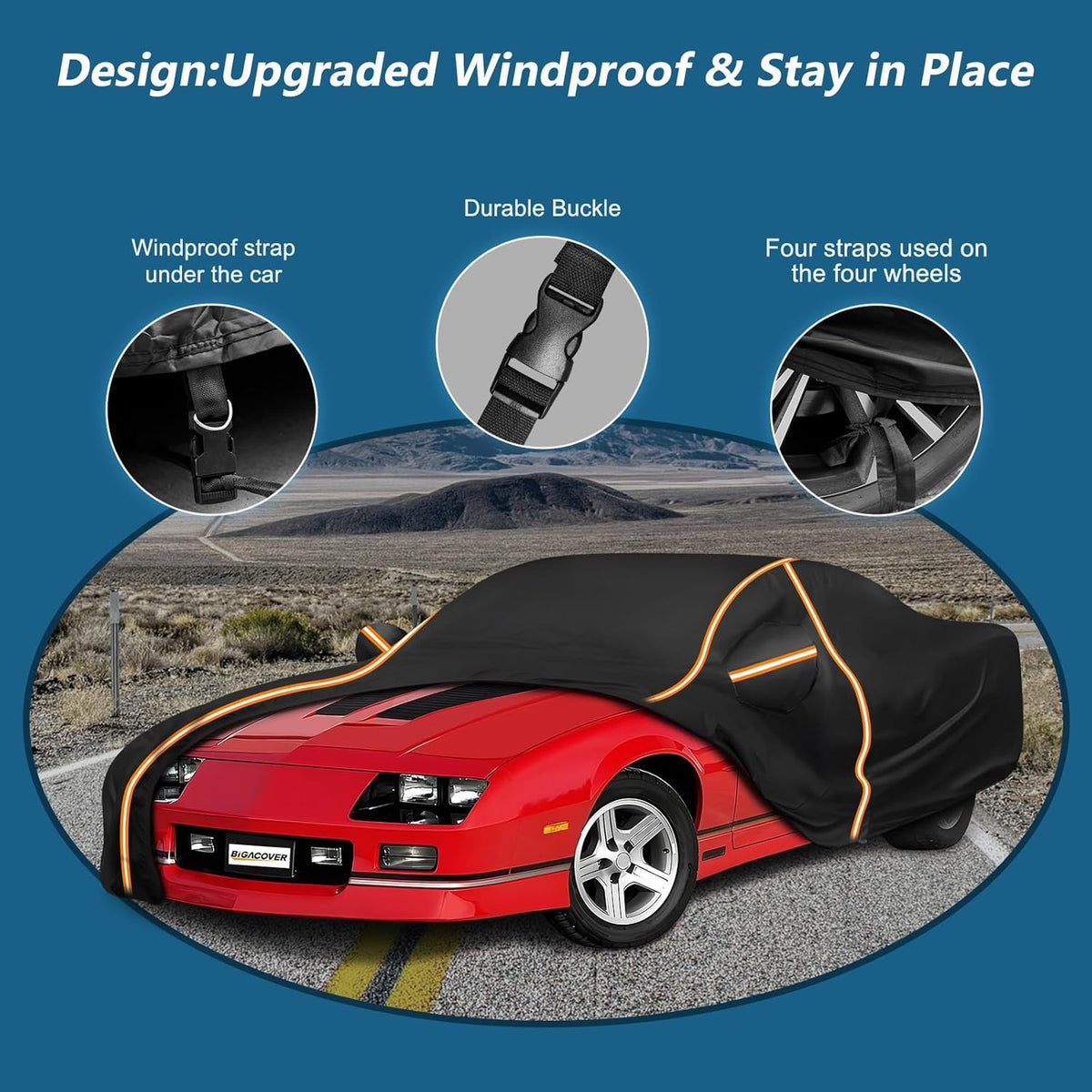Red car with a black car cover on a desert road, featuring windproof design elements.