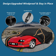 Load image into Gallery viewer, Red car with a black car cover on a desert road, featuring windproof design elements.
