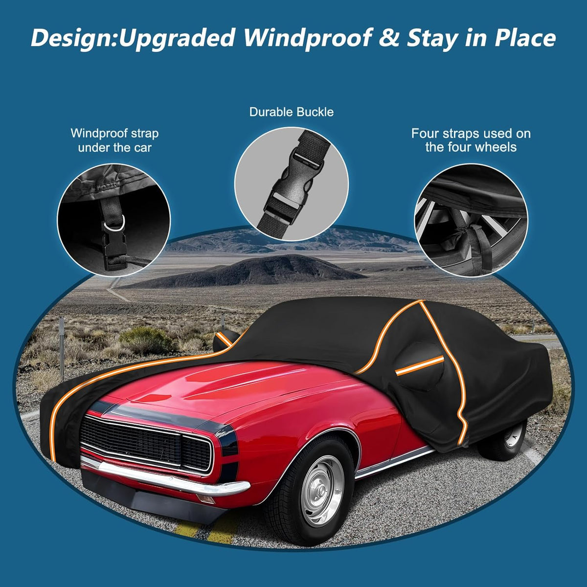 Red car with a black car cover on a desert road, highlighting windproof design features.