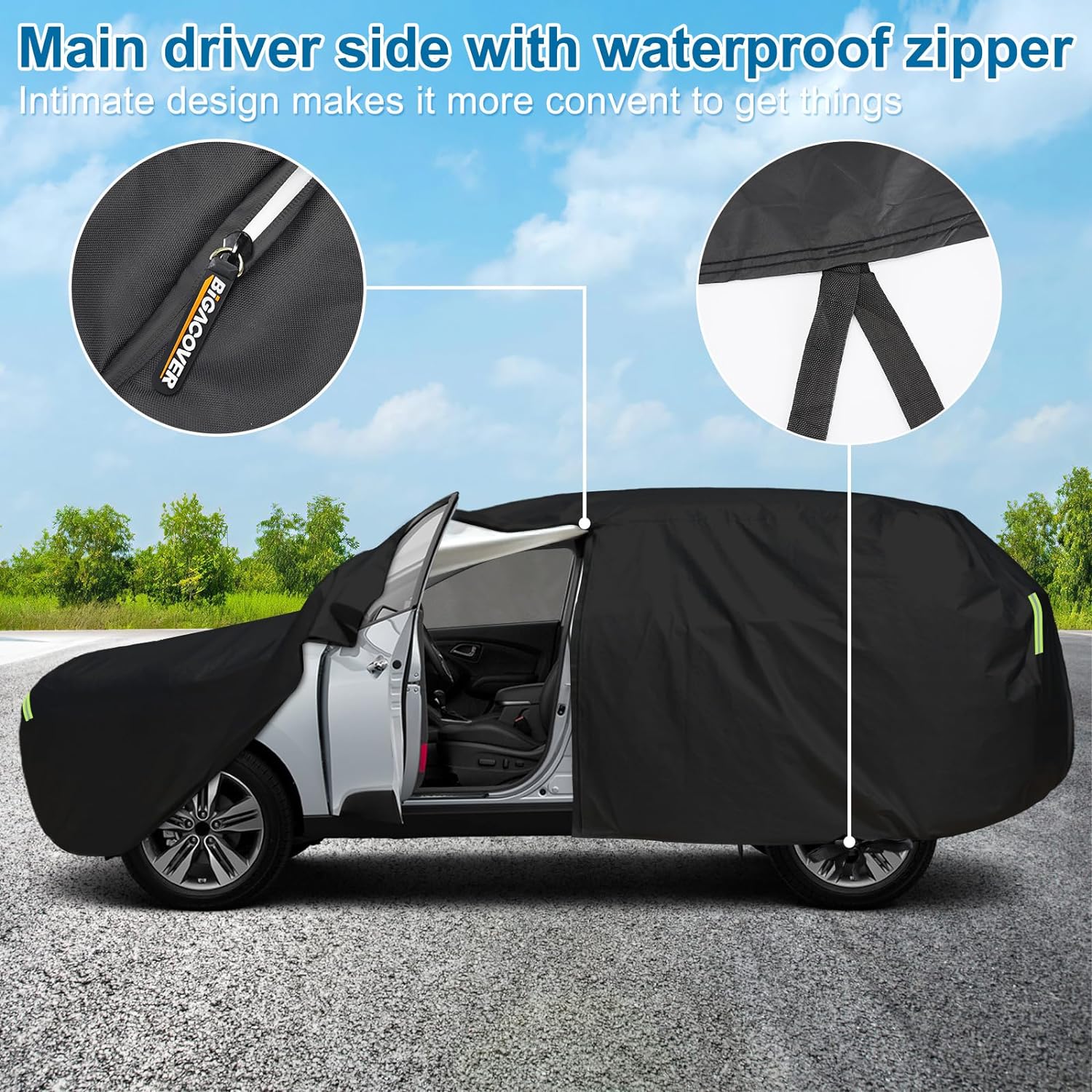 SUV car cover featuring a main driver-side waterproof zipper for easy access and secure under-body straps.