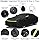 Set of car accessories including covers and clips on a black background