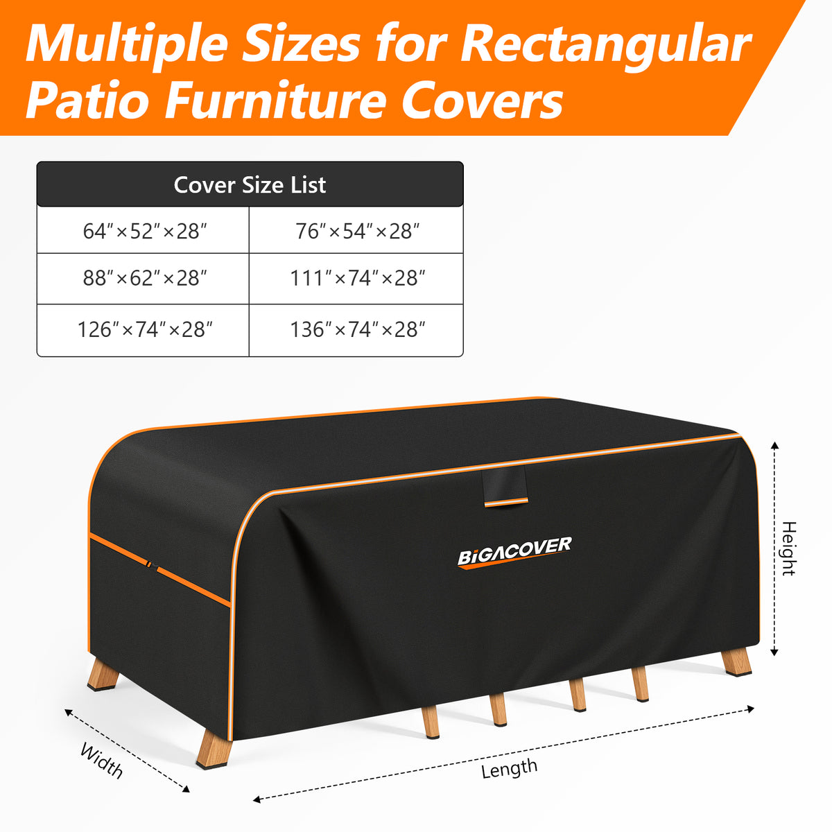 Size chart for rectangular patio furniture covers listing six different dimensions.