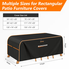 Load image into Gallery viewer, Size chart for rectangular patio furniture covers listing six different dimensions.
