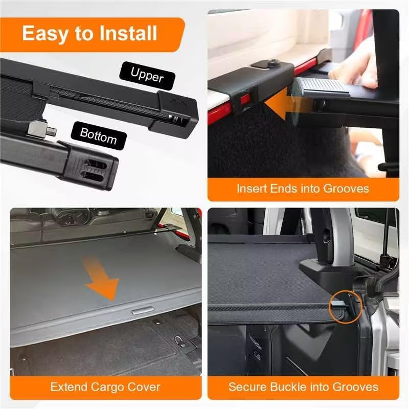 Step-by-step guide on how to install a car cargo cover with arrows indicating actions.