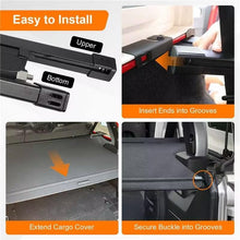 Load image into Gallery viewer, Step-by-step guide on how to install a car cargo cover with arrows indicating actions.
