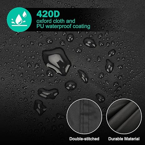 Textured black surface with water droplets and 420D oxford cloth and PU waterproof coating labels.