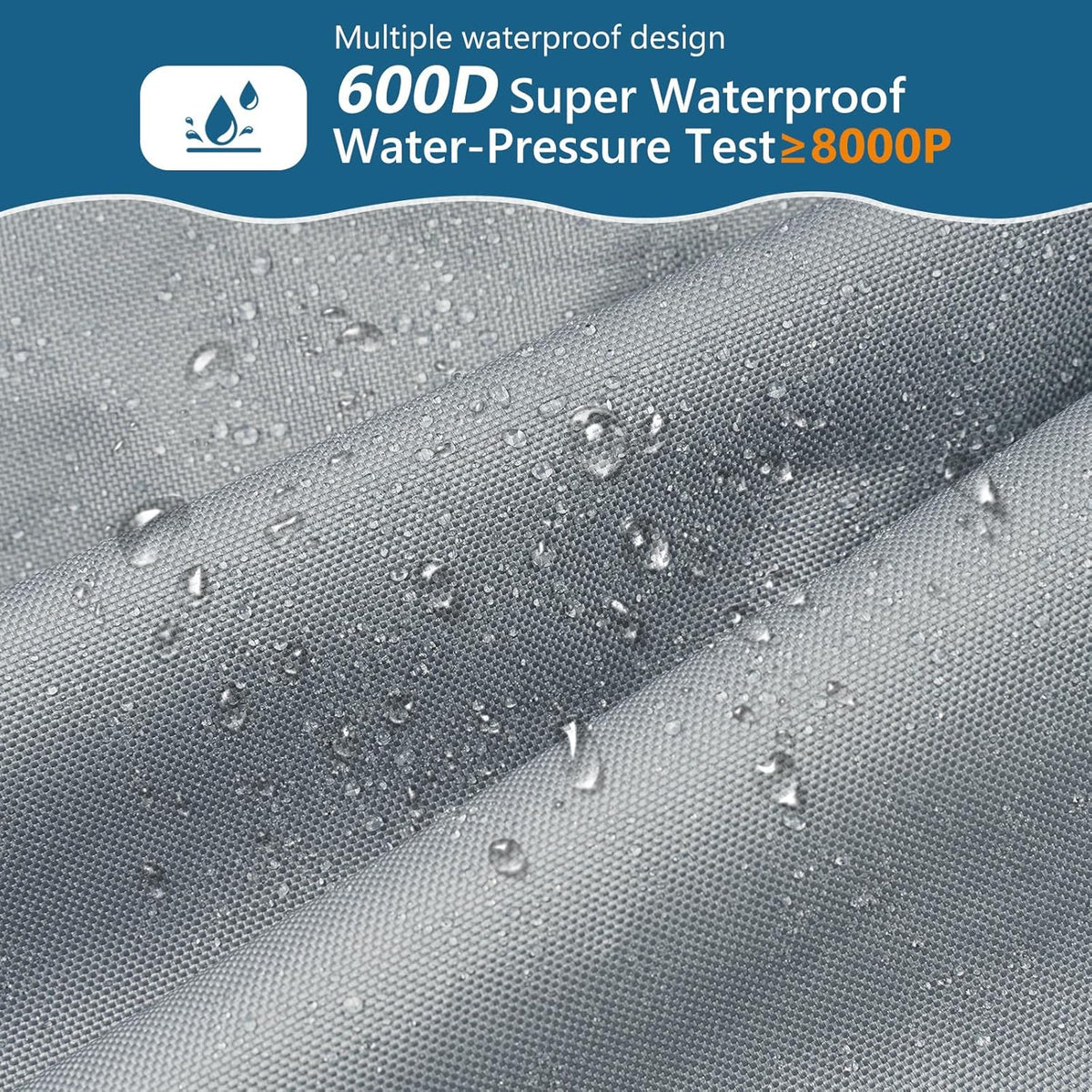 Textured gray fabric with water droplets and waterproof certification details on a blue background