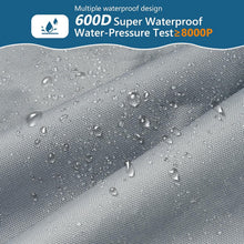 Load image into Gallery viewer, Textured gray fabric with water droplets and waterproof certification details on a blue background
