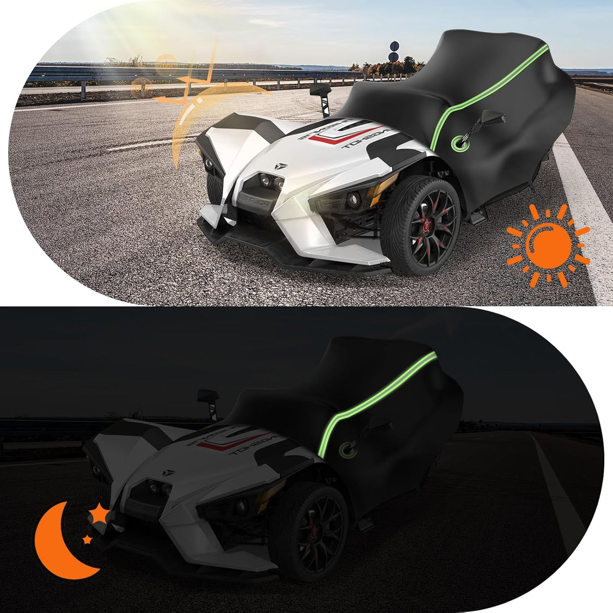 Two views of a futuristic vehicle on a road with sun and moon icons.