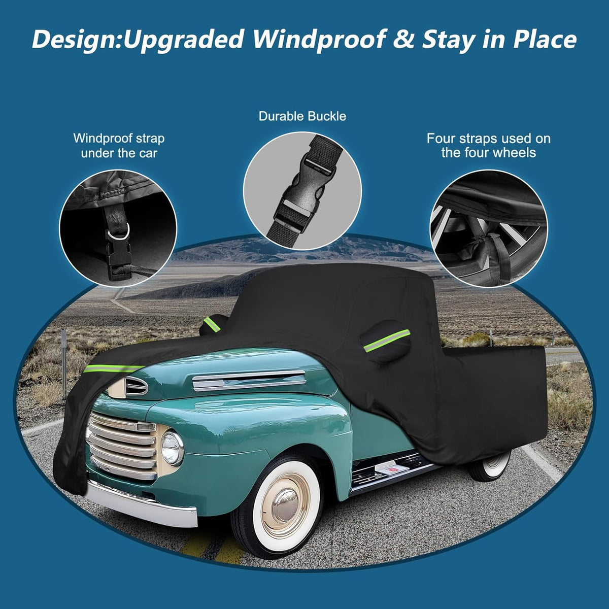 Vintage car with a black cover on a road, highlighting windproof design features.