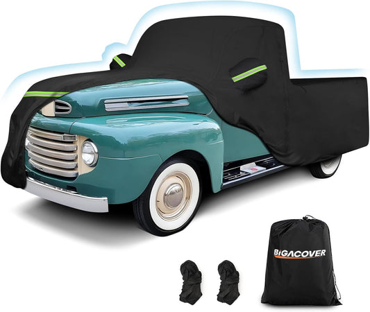 Vintage toy truck with a black cover and Bigacover bag on a white background