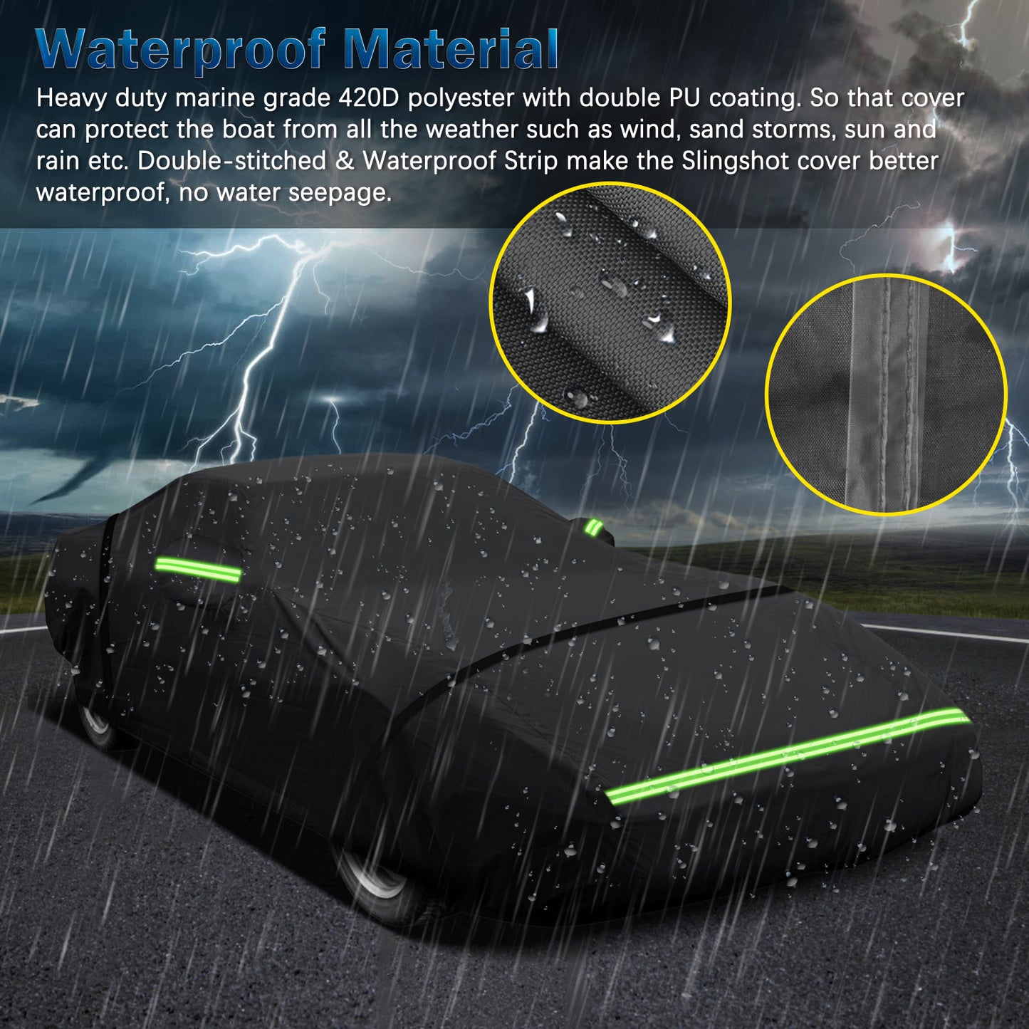Waterproof 420D marine-grade car cover protecting against heavy rain and storms.