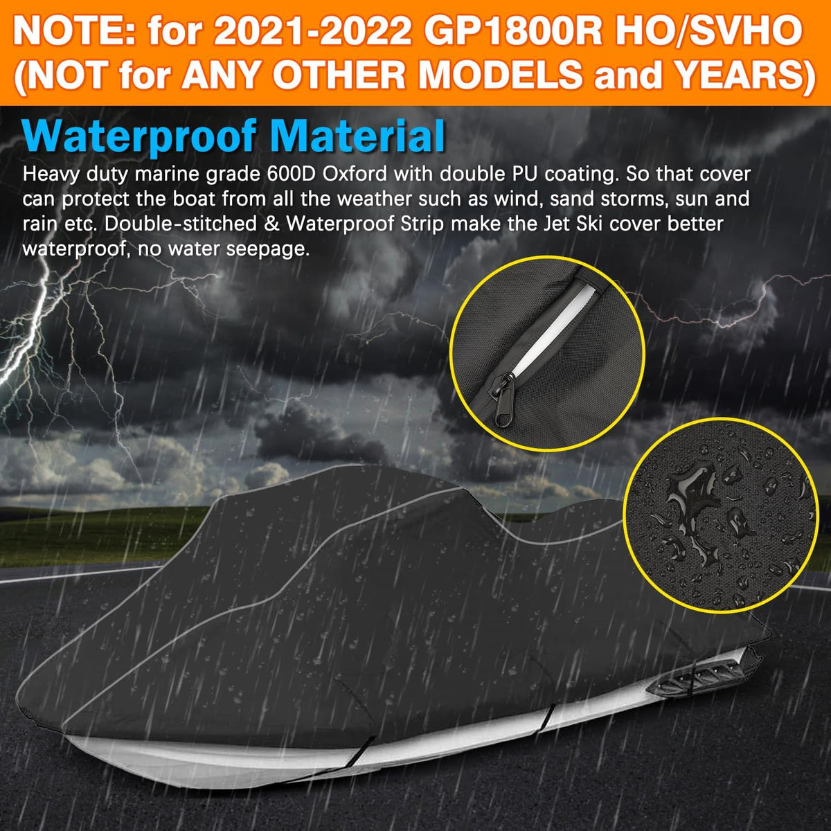 Waterproof 600D marine-grade Jet Ski cover protecting against heavy rain.
