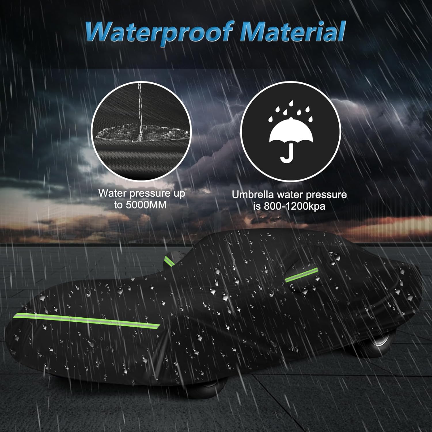 Waterproof black car cover protecting a car in heavy rain, featuring high-pressure 5000MM water resistance.