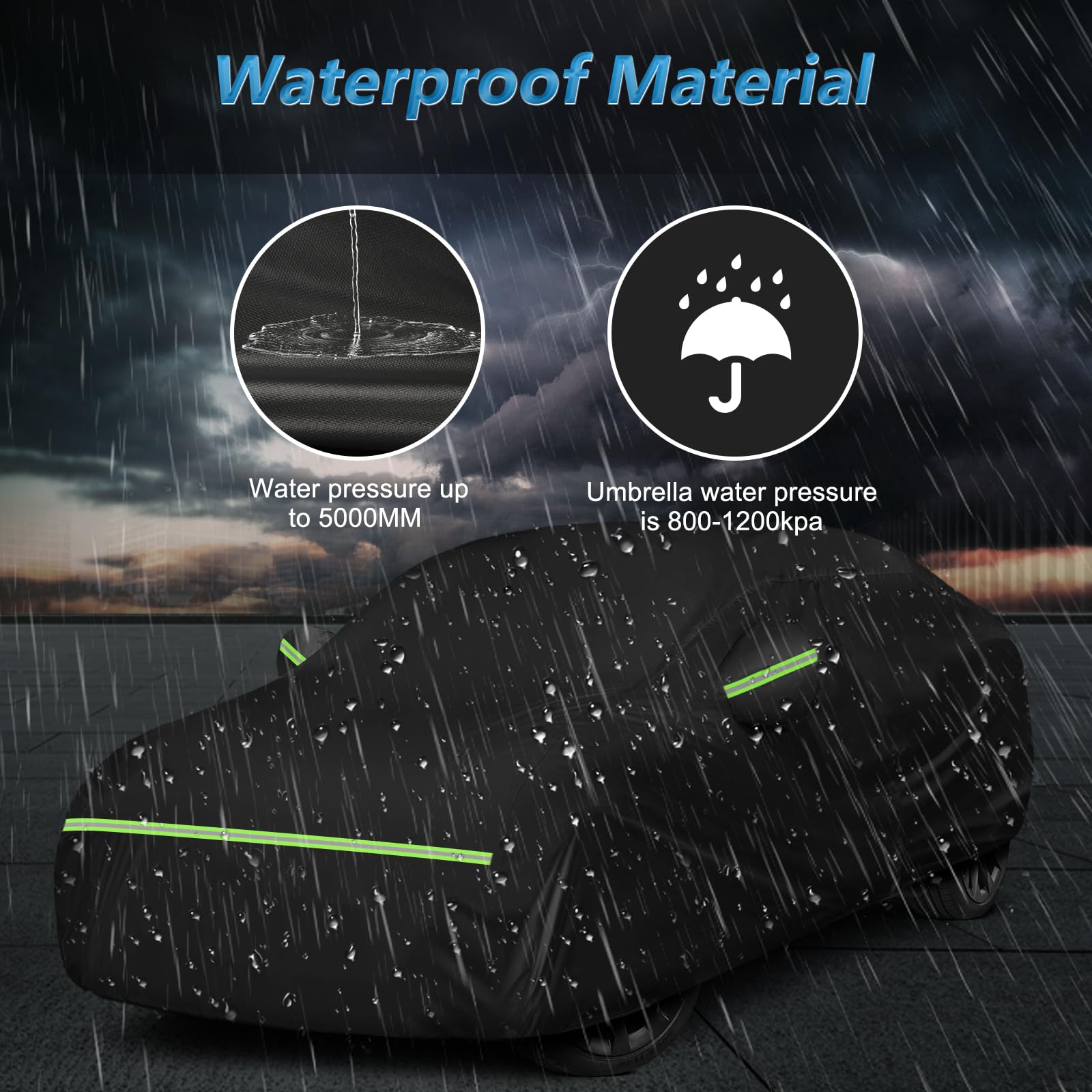 Waterproof car cover material demonstration showing resistance to water pressure up to 5000MM, significantly higher than a standard umbrella's 800-1200kpa rating.