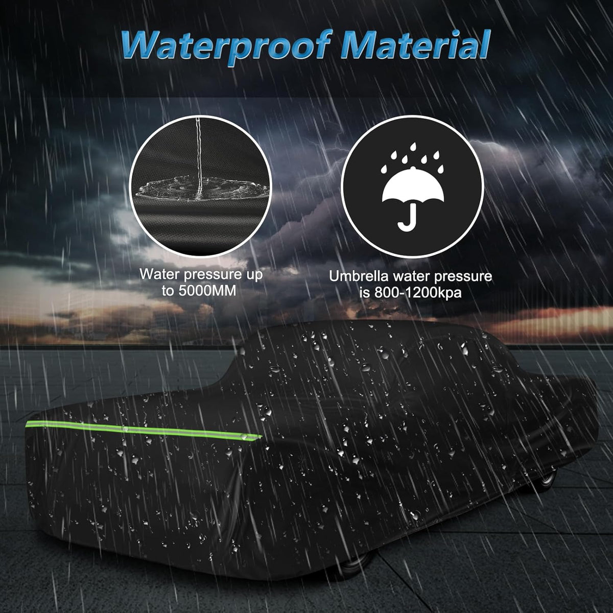Waterproof material feature with raindrop and umbrella icons on a dark background