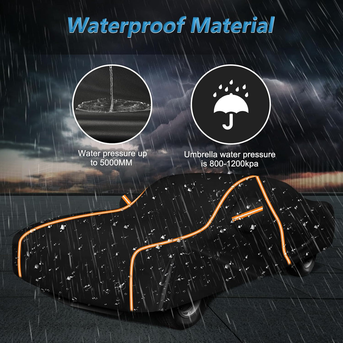 Waterproof material product with rain simulation and pressure indicators on a dark background