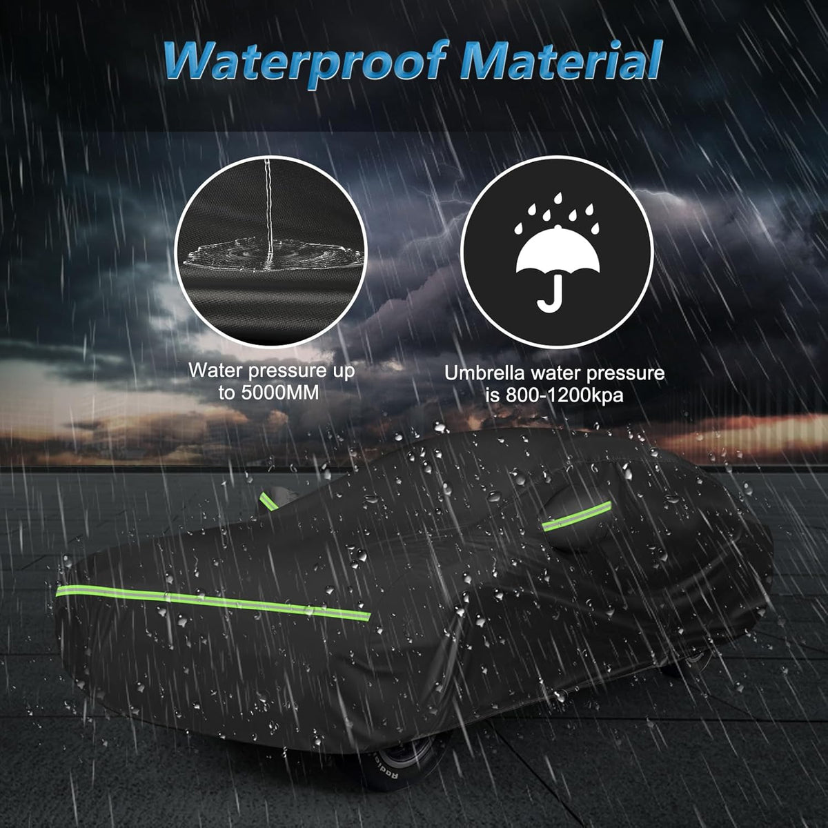Waterproof material demonstration with rain simulation and text on a dark background