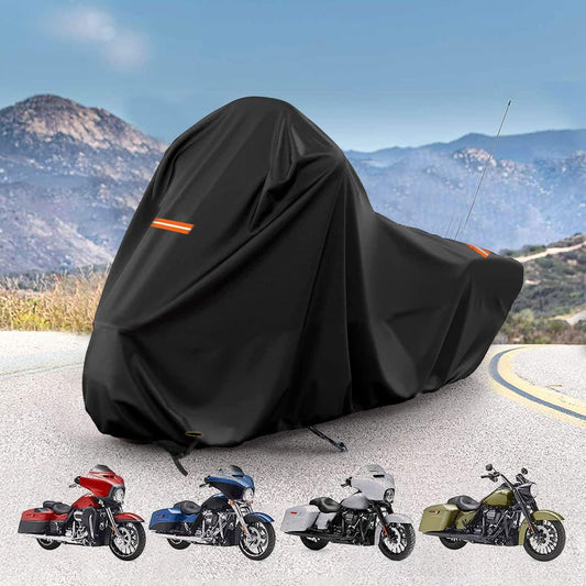 Waterproof motorcycle cover with lock holes, air vents, and reflective strips.
