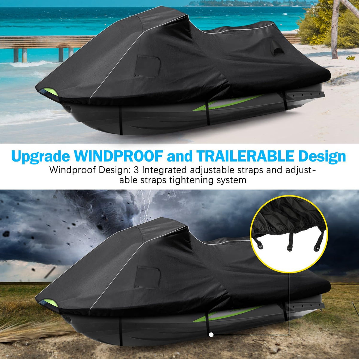 Windproof and trailerable Jet Ski cover featuring three integrated adjustable straps and a tightening system for secure outdoor storage and towing.